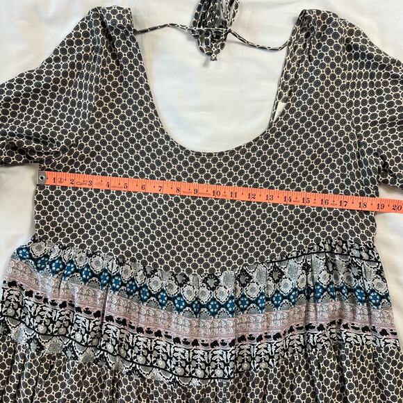 Umgee Women's Medium Patchwork Mini Dress with Open Back Bell Sleeves - Picture 3 of 6